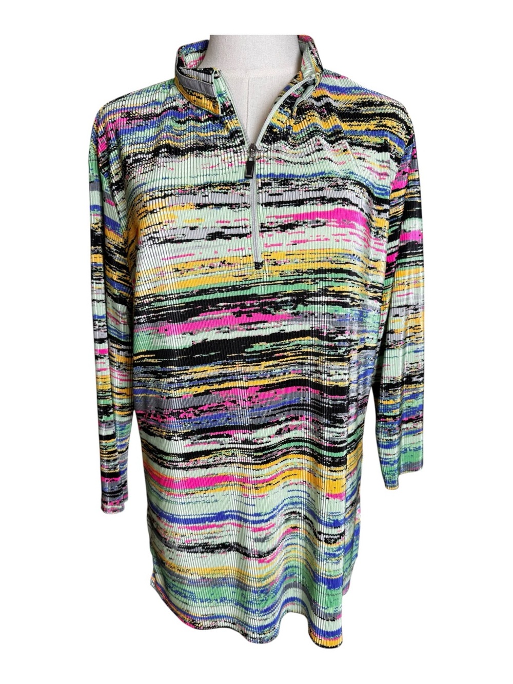 Jamie Sadock Multi Color Neon Striped Micro Pleated Accordion 1/4 ZipGolf Top XL